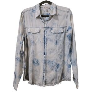 True Freedom Womens L Vintage Retro Tie Dye Denim Shirt Lace Detail Frayed Hem